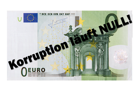 Symbolbild Banknote 0 Euro mit Schriftzug "Korruption läuft NULL"!